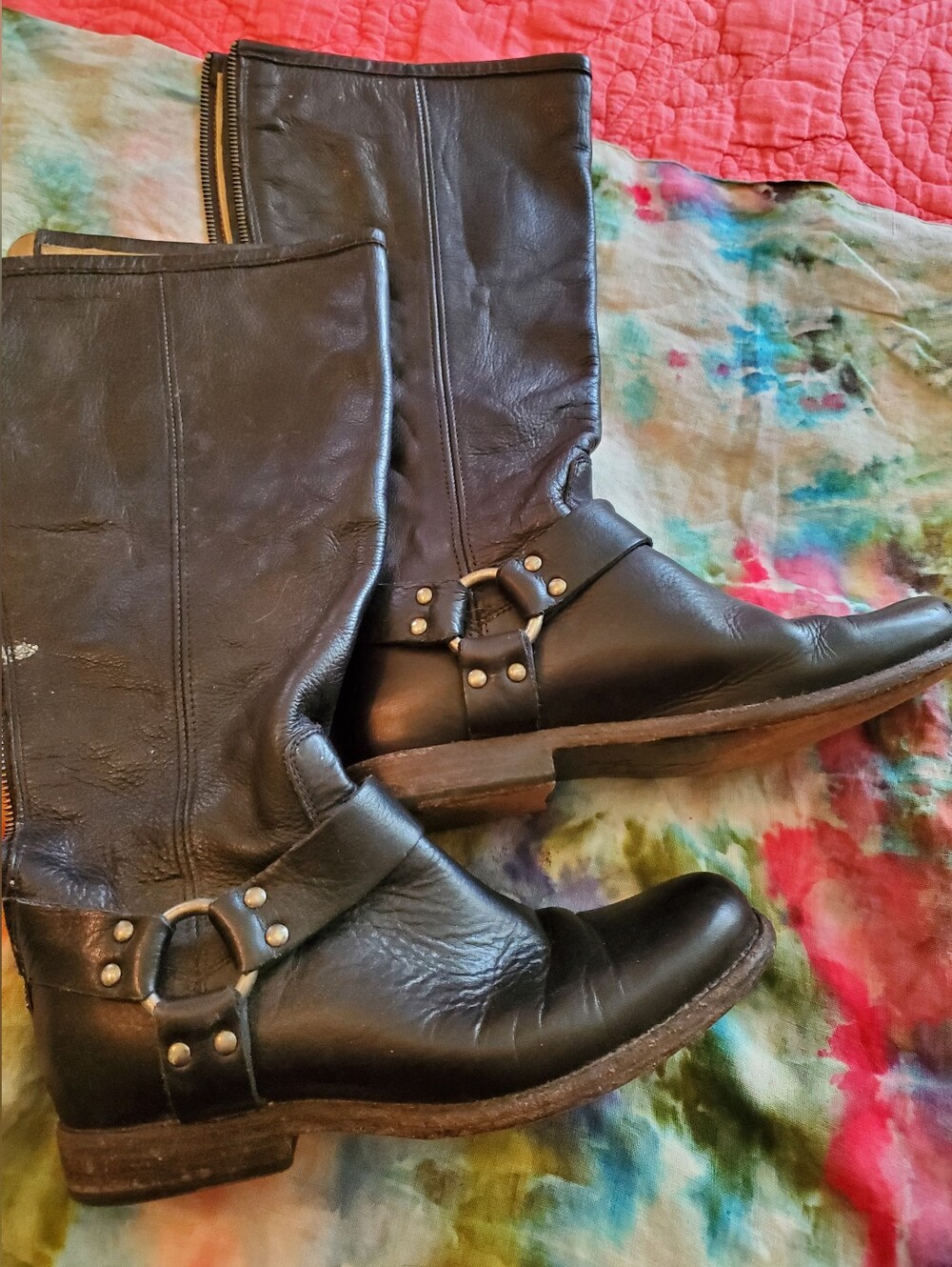 Frye Black Leather Knee High Harness Boots